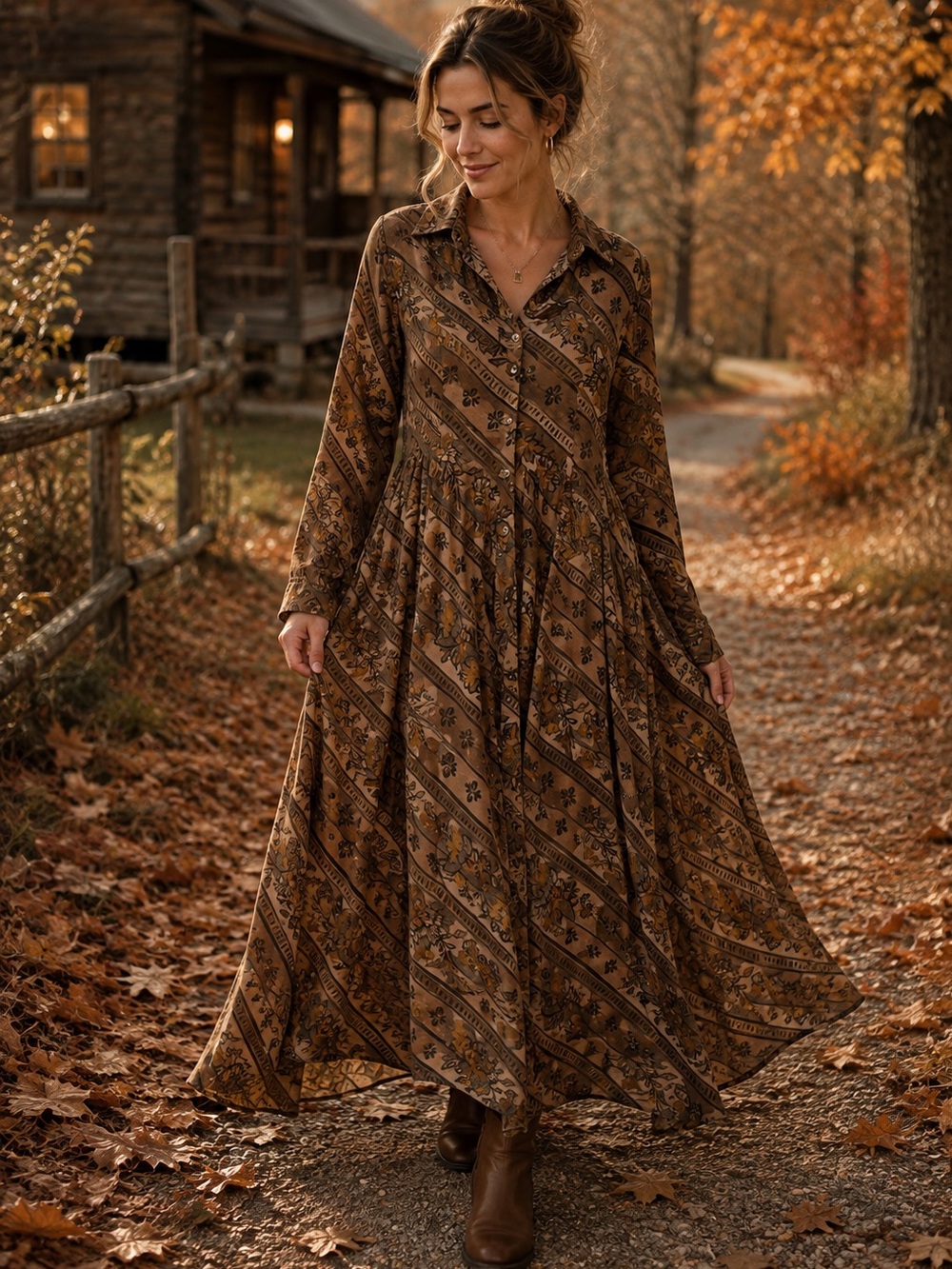 VINTAGE | Women's Long Sleeve Maxi Dress in Brown Floral Print